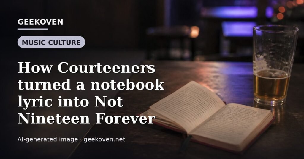 Illustration for the Music Culture article “How Courteeners turned a notebook lyric into Not Nineteen Forever”: an AI-generated editorial illustration showing a stadium crowd seen from high above, lights arranged in coordinated patterns, with the headline set over it. Illustrative only, not a photograph of a real event.