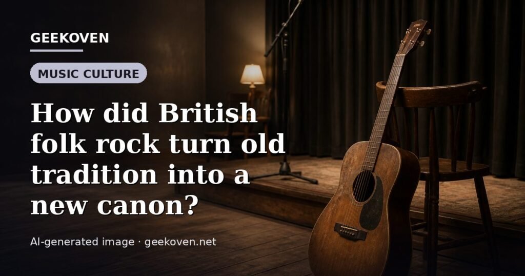 Illustration for the Music Culture article “How did British folk rock turn old tradition into a new canon?”: an AI-generated editorial illustration showing a scene illustrating the subject of the article, with the headline set over it. Illustrative only, not a photograph of a real event.