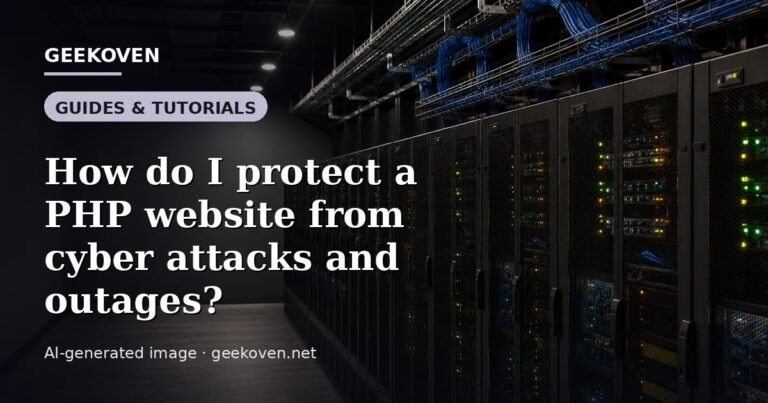 Illustration for the Guides & Tutorials article “How do I protect a PHP website from cyber attacks and outages?”: an AI-generated editorial illustration showing a scene illustrating the subject of the article, with the headline set over it. Illustrative only, not a photograph of a real event.