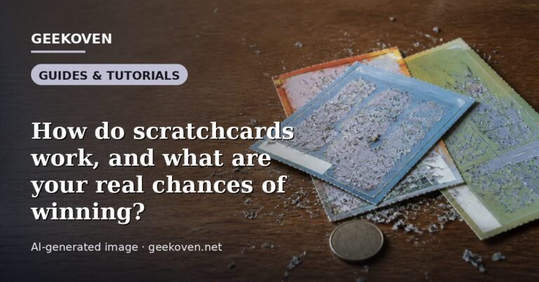 Illustration for the Guides & Tutorials article “How do scratchcards work, and what are your real chances of winning?”: an AI-generated editorial illustration showing the counter of a corner shop with lottery terminals and an illuminated board with blank panels, with the headline set over it. Illustrative only, not a photograph of a real event.