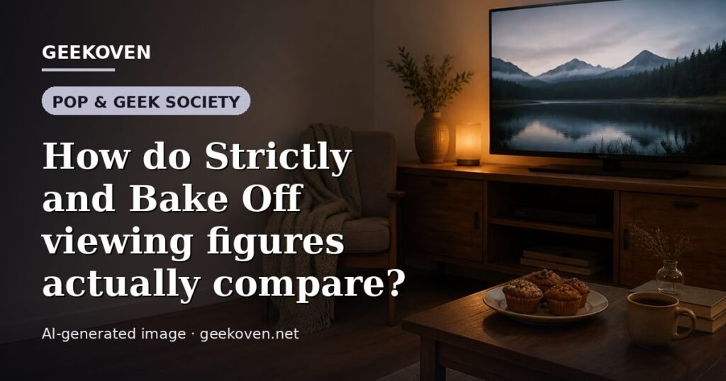 Illustration for the Pop & Geek Society article “How do Strictly and Bake Off viewing figures actually compare?”: an AI-generated editorial illustration showing a stadium crowd seen from high above, lights arranged in coordinated patterns, with the headline set over it. Illustrative only, not a photograph of a real event.