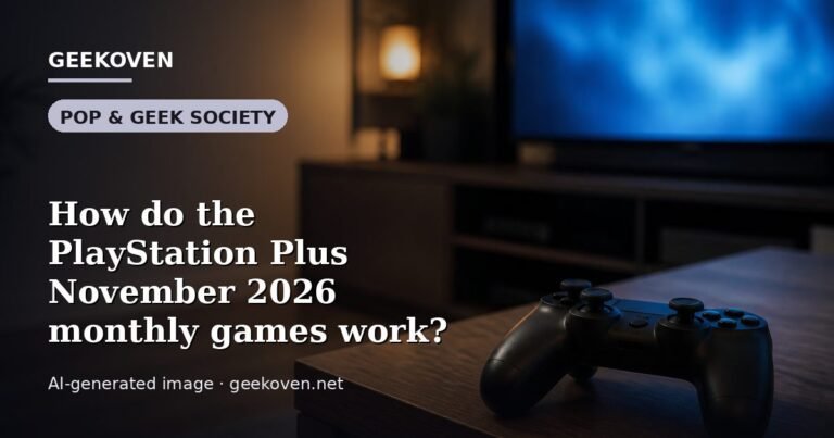 Illustration for the Pop & Geek Society article “How do the PlayStation Plus November 2026 monthly games work?”: an AI-generated editorial illustration showing a studio workspace seen from above, with a production timeline across the wall, with the headline set over it. Illustrative only, not a photograph of a real event.