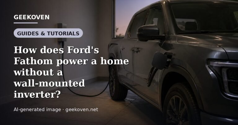 Illustration for the Guides & Tutorials article “How does Ford's Fathom power a home without a wall-mounted inverter?”: an AI-generated editorial illustration showing a scene illustrating the subject of the article, with the headline set over it. Illustrative only, not a photograph of a real event.