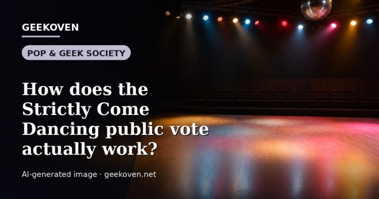 Illustration for the Pop & Geek Society article “How does the Strictly Come Dancing public vote actually work?”: an AI-generated editorial illustration showing a scene illustrating the subject of the article, with the headline set over it. Illustrative only, not a photograph of a real event.