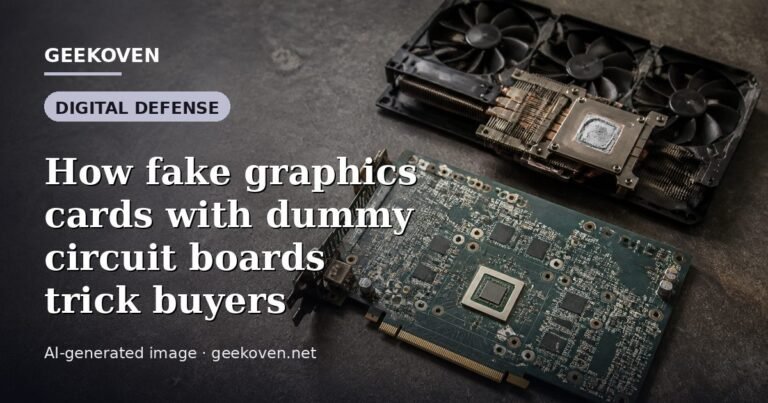 Illustration for the Digital Defense article “How fake graphics cards with dummy circuit boards trick buyers”: an AI-generated editorial illustration showing a scene illustrating the subject of the article, with the headline set over it. Illustrative only, not a photograph of a real event.