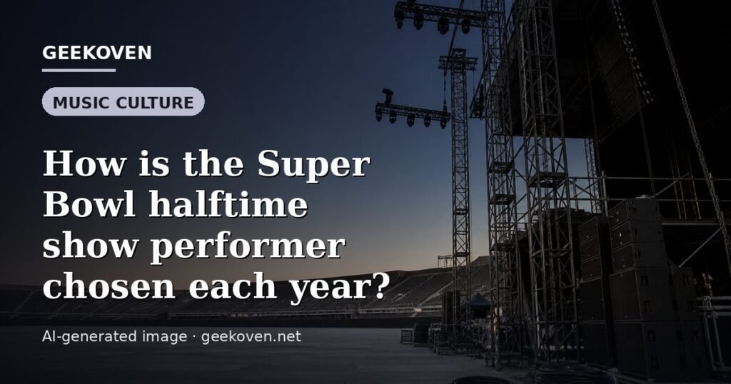 Illustration for the Music Culture article “How is the Super Bowl halftime show performer chosen each year?”: an AI-generated editorial illustration showing a stadium crowd seen from high above, lights arranged in coordinated patterns, with the headline set over it. Illustrative only, not a photograph of a real event.