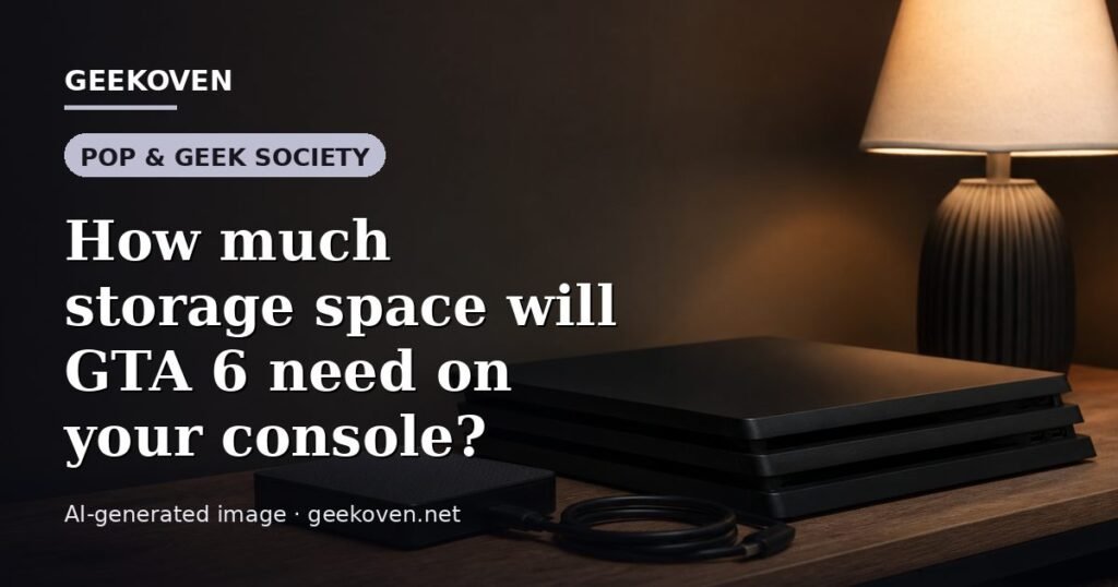 Illustration for the Pop & Geek Society article “How much storage space will GTA 6 need on your console?”: an AI-generated editorial illustration showing a scene illustrating the subject of the article, with the headline set over it. Illustrative only, not a photograph of a real event.