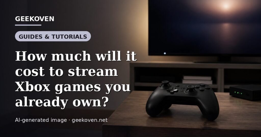 Illustration for the Guides & Tutorials article “How much will it cost to stream Xbox games you already own?”: an AI-generated editorial illustration showing a studio workspace seen from above, with a production timeline across the wall, with the headline set over it. Illustrative only, not a photograph of a real event.