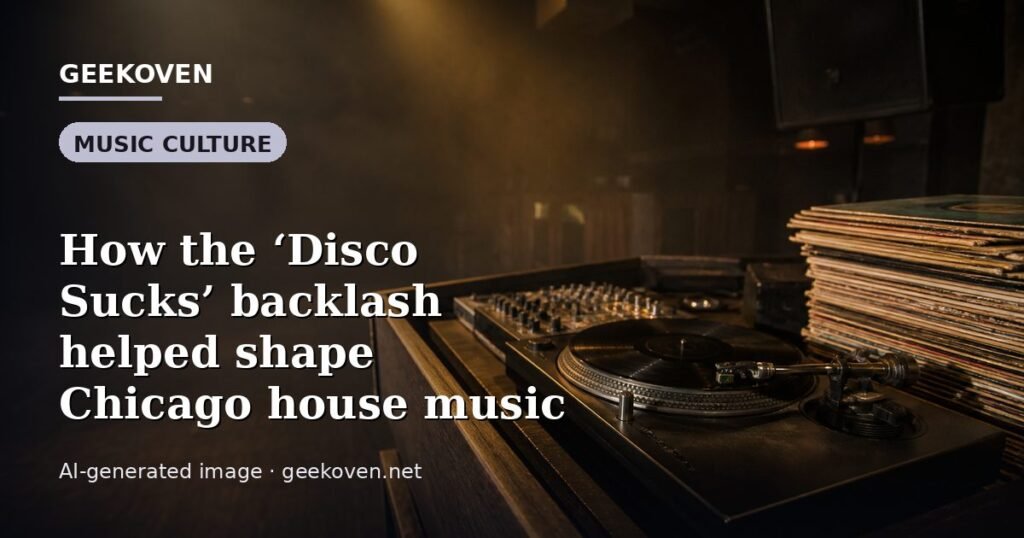 Illustration for the Music Culture article “How the ‘Disco Sucks’ backlash helped shape Chicago house music”: an AI-generated editorial illustration showing a scene illustrating the subject of the article, with the headline set over it. Illustrative only, not a photograph of a real event.