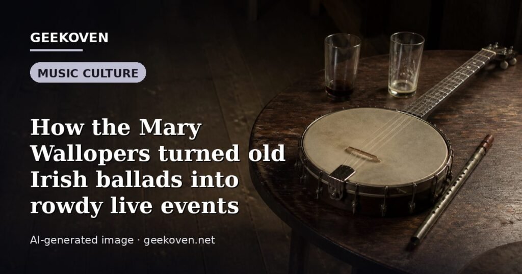 Illustration for the Music Culture article “How the Mary Wallopers turned old Irish ballads into rowdy live events”: an AI-generated editorial illustration showing a scene illustrating the subject of the article, with the headline set over it. Illustrative only, not a photograph of a real event.