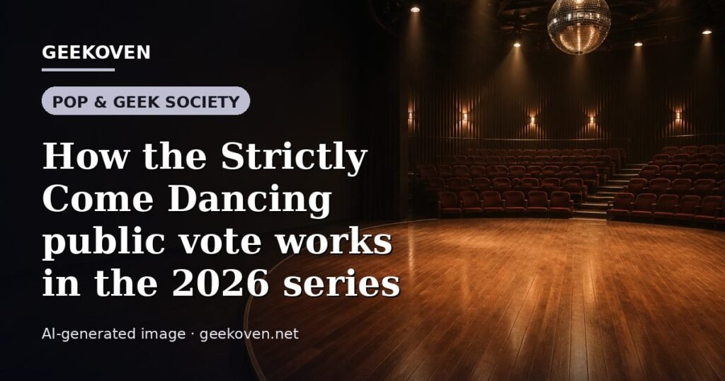 Illustration for the Pop & Geek Society article “How the Strictly Come Dancing public vote works in the 2026 series”: an AI-generated editorial illustration showing a scene illustrating the subject of the article, with the headline set over it. Illustrative only, not a photograph of a real event.
