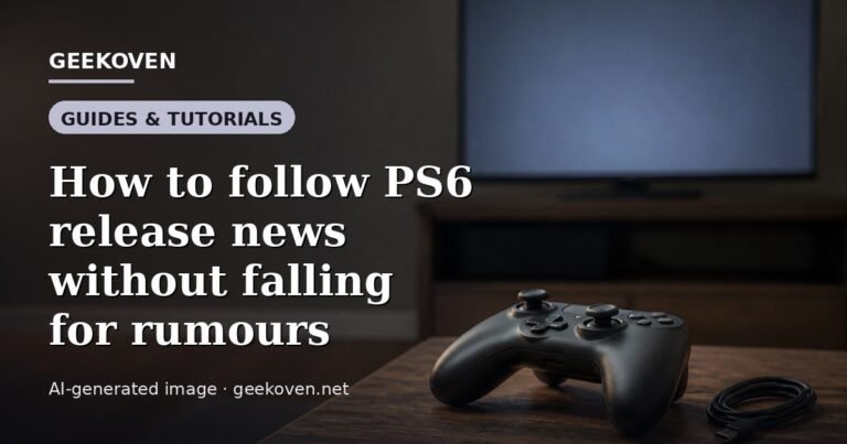 Illustration for the Guides & Tutorials article “How to follow PS6 release news without falling for rumours”: an AI-generated editorial illustration showing a scene illustrating the subject of the article, with the headline set over it. Illustrative only, not a photograph of a real event.