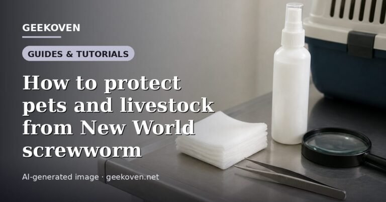 Illustration for the Guides & Tutorials article “How to protect pets and livestock from New World screwworm”: an AI-generated editorial illustration showing a scene illustrating the subject of the article, with the headline set over it. Illustrative only, not a photograph of a real event.