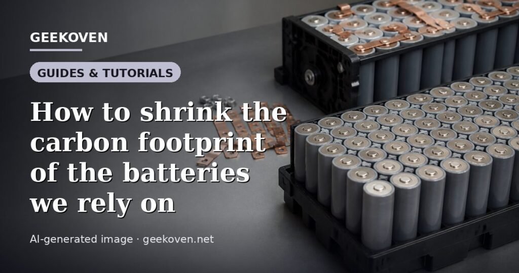 Illustration for the Guides & Tutorials article “How to shrink the carbon footprint of the batteries we rely on”: an AI-generated editorial illustration showing a scene illustrating the subject of the article, with the headline set over it. Illustrative only, not a photograph of a real event.