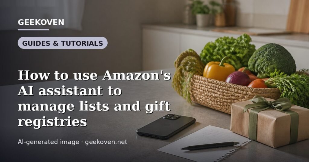 Illustration for the Guides & Tutorials article “How to use Amazon's AI assistant to manage lists and gift registries”: an AI-generated editorial illustration showing a scene illustrating the subject of the article, with the headline set over it. Illustrative only, not a photograph of a real event.