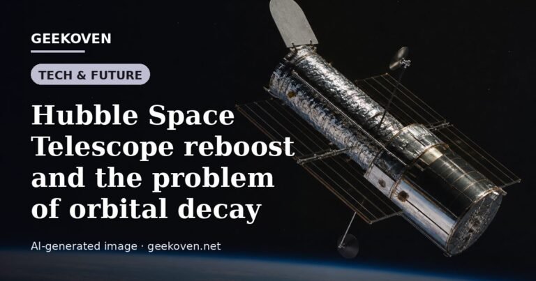 Illustration for the Tech & Future article “Hubble Space Telescope reboost and the problem of orbital decay”: an AI-generated editorial illustration showing a scene illustrating the subject of the article, with the headline set over it. Illustrative only, not a photograph of a real event.