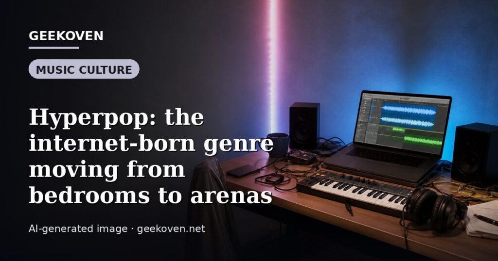 Illustration for the Music Culture article “Hyperpop: the internet-born genre moving from bedrooms to arenas”: an AI-generated editorial illustration showing a scene illustrating the subject of the article, with the headline set over it. Illustrative only, not a photograph of a real event.