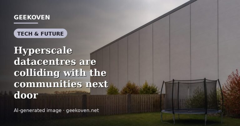 Illustration for the Tech & Future article “Hyperscale datacentres are colliding with the communities next door”: an AI-generated editorial illustration showing a scene illustrating the subject of the article, with the headline set over it. Illustrative only, not a photograph of a real event.