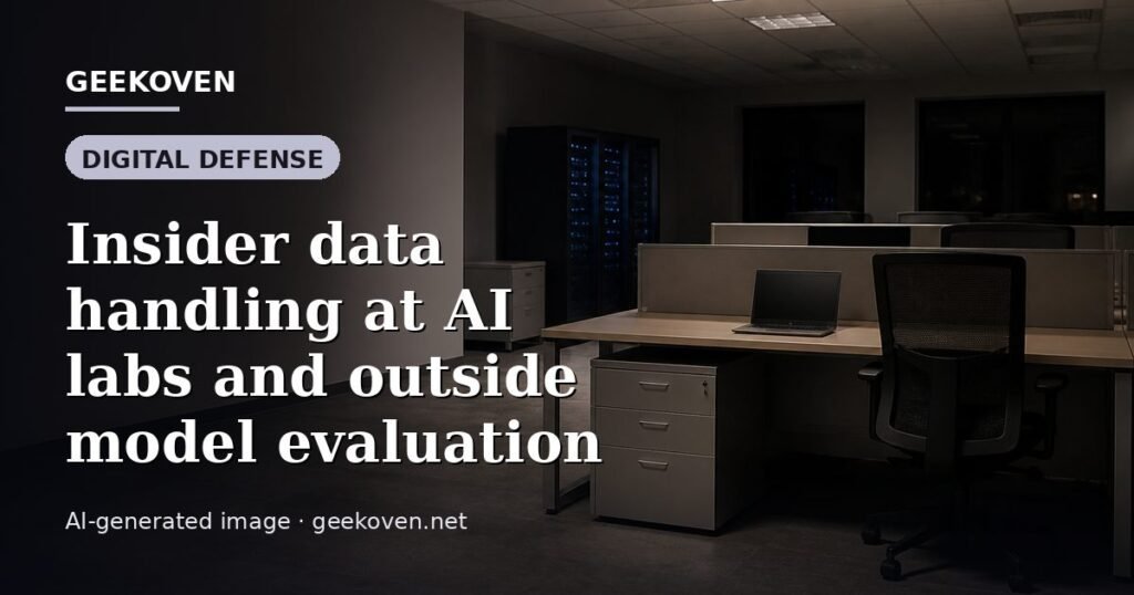 Illustration for the Digital Defense article “Insider data handling at AI labs and outside model evaluation”: an AI-generated editorial illustration showing a scene illustrating the subject of the article, with the headline set over it. Illustrative only, not a photograph of a real event.