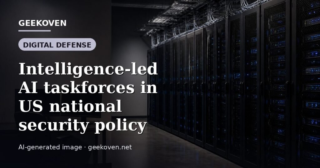 Illustration for the Digital Defense article “Intelligence-led AI taskforces in US national security policy”: an AI-generated editorial illustration showing a scene illustrating the subject of the article, with the headline set over it. Illustrative only, not a photograph of a real event.