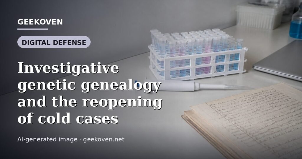 Illustration for the Digital Defense article “Investigative genetic genealogy and the reopening of cold cases”: an AI-generated editorial illustration showing a scene illustrating the subject of the article, with the headline set over it. Illustrative only, not a photograph of a real event.