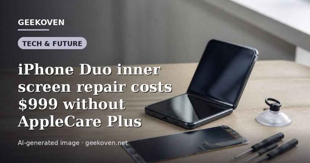 Illustration for the Tech & Future article “iPhone Duo inner screen repair costs $999 without AppleCare Plus”: an AI-generated editorial illustration showing a scene illustrating the subject of the article, with the headline set over it. Illustrative only, not a photograph of a real event.