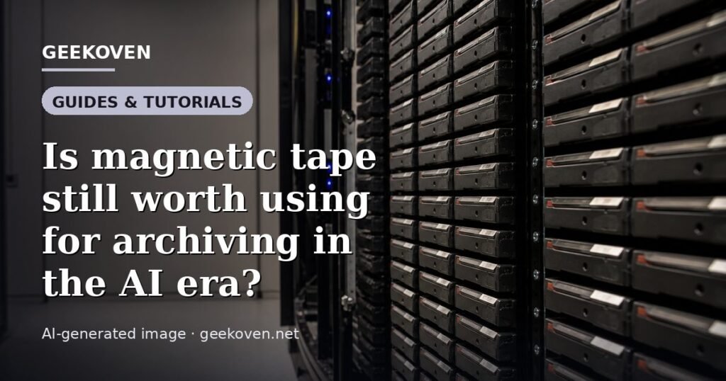Illustration for the Guides & Tutorials article “Is magnetic tape still worth using for archiving in the AI era?”: an AI-generated editorial illustration showing a server hall with long rows of equipment cabinets and power infrastructure, with the headline set over it. Illustrative only, not a photograph of a real event.