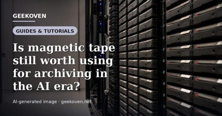 Illustration for the Guides & Tutorials article “Is magnetic tape still worth using for archiving in the AI era?”: an AI-generated editorial illustration showing a server hall with long rows of equipment cabinets and power infrastructure, with the headline set over it. Illustrative only, not a photograph of a real event.