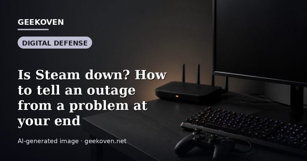 Illustration for the Digital Defense article “Is Steam down? How to tell an outage from a problem at your end”: an AI-generated editorial illustration showing a scene illustrating the subject of the article, with the headline set over it. Illustrative only, not a photograph of a real event.