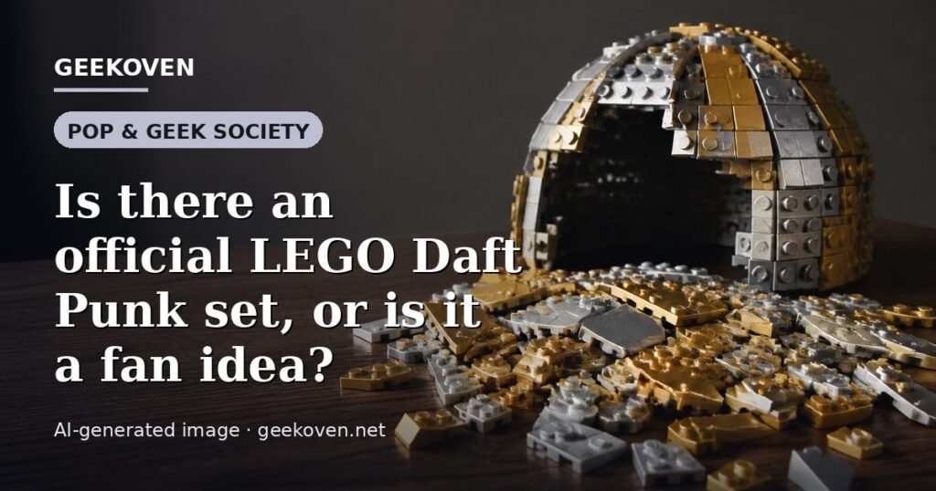 Illustration for the Pop & Geek Society article “Is there an official LEGO Daft Punk set, or is it a fan idea?”: an AI-generated editorial illustration showing a scene illustrating the subject of the article, with the headline set over it. Illustrative only, not a photograph of a real event.