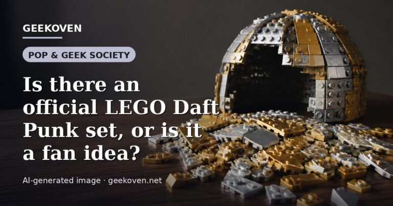 Illustration for the Pop & Geek Society article “Is there an official LEGO Daft Punk set, or is it a fan idea?”: an AI-generated editorial illustration showing a scene illustrating the subject of the article, with the headline set over it. Illustrative only, not a photograph of a real event.