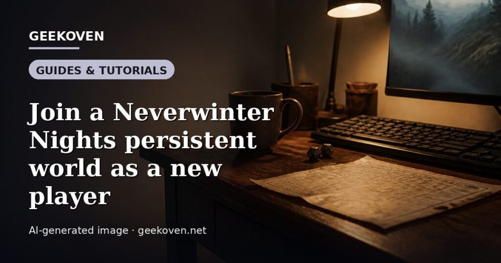 Illustration for the Guides & Tutorials article “Join a Neverwinter Nights persistent world as a new player”: an AI-generated editorial illustration showing a scene illustrating the subject of the article, with the headline set over it. Illustrative only, not a photograph of a real event.