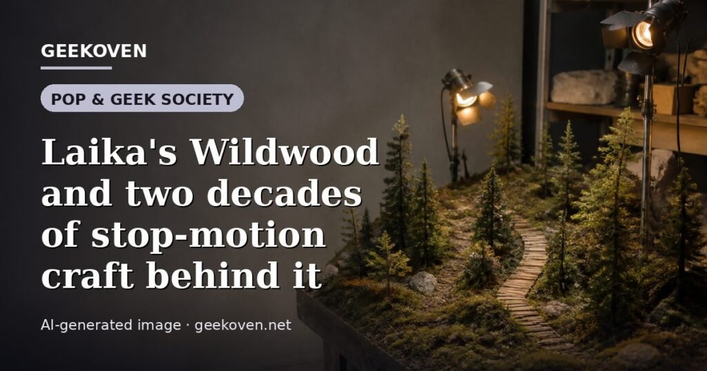 Illustration for the Pop & Geek Society article “Laika's Wildwood and two decades of stop-motion craft behind it”: an AI-generated editorial illustration showing a scene illustrating the subject of the article, with the headline set over it. Illustrative only, not a photograph of a real event.
