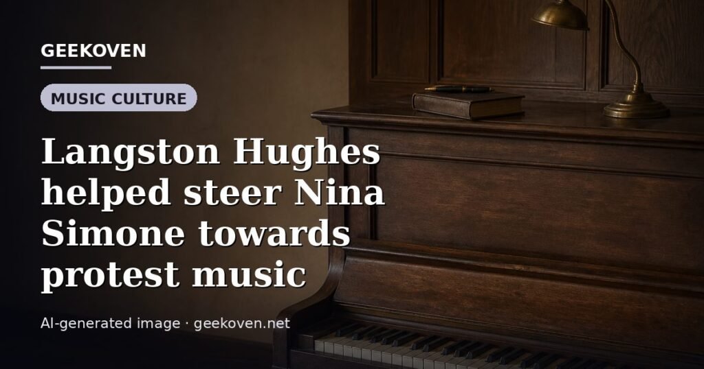 Illustration for the Music Culture article “Langston Hughes helped steer Nina Simone towards protest music”: an AI-generated editorial illustration showing a scene illustrating the subject of the article, with the headline set over it. Illustrative only, not a photograph of a real event.