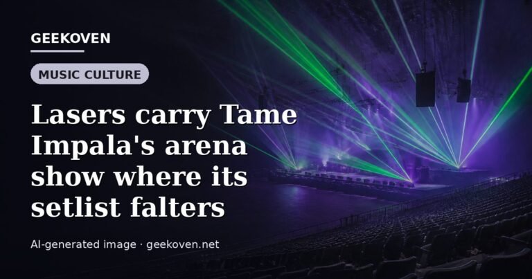 Illustration for the Music Culture article “Lasers carry Tame Impala's arena show where its setlist falters”: an AI-generated editorial illustration showing a scene illustrating the subject of the article, with the headline set over it. Illustrative only, not a photograph of a real event.