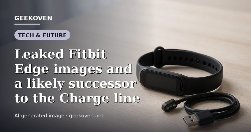 Illustration for the Tech & Future article “Leaked Fitbit Edge images and a likely successor to the Charge line”: an AI-generated editorial illustration showing an electronics workbench with an unbranded phone chassis opened up and its parts laid out, with the headline set over it. Illustrative only, not a photograph of a real event.