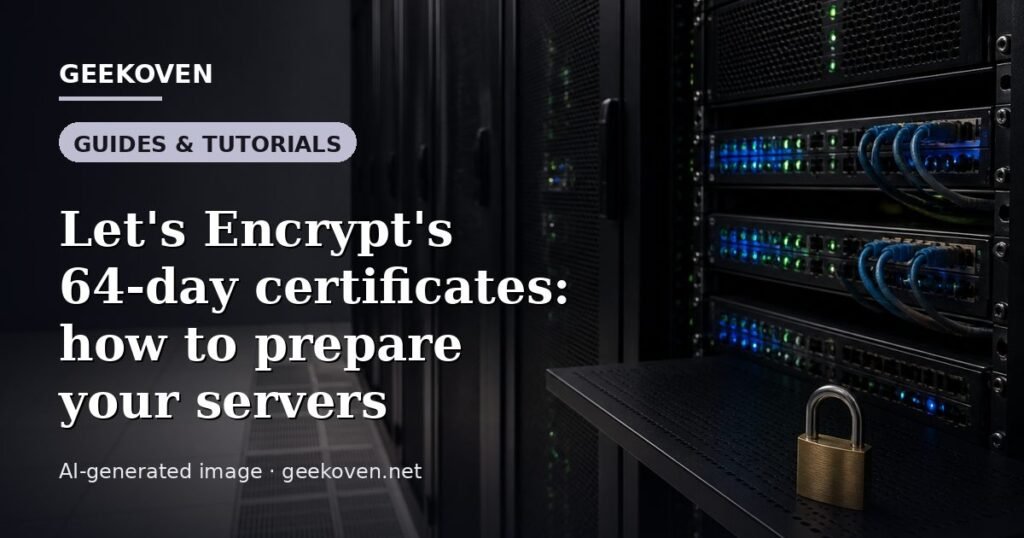 Illustration for the Guides & Tutorials article “Let's Encrypt's 64-day certificates: how to prepare your servers”: an AI-generated editorial illustration showing a scene illustrating the subject of the article, with the headline set over it. Illustrative only, not a photograph of a real event.