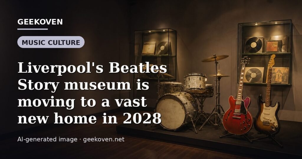 Illustration for the Music Culture article “Liverpool's Beatles Story museum is moving to a vast new home in 2028”: an AI-generated editorial illustration showing a scene illustrating the subject of the article, with the headline set over it. Illustrative only, not a photograph of a real event.