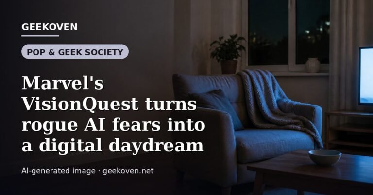 Illustration for the Pop & Geek Society article “Marvel's VisionQuest turns rogue AI fears into a digital daydream”: an AI-generated editorial illustration showing a scene illustrating the subject of the article, with the headline set over it. Illustrative only, not a photograph of a real event.