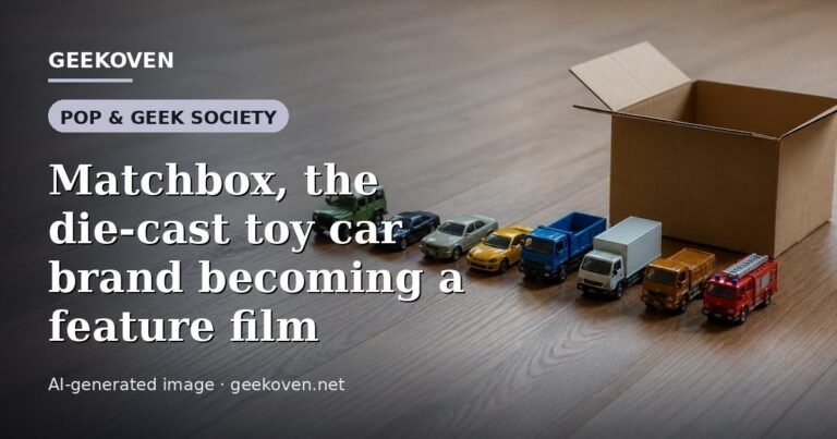 Illustration for the Pop & Geek Society article “Matchbox, the die-cast toy car brand becoming a feature film”: an AI-generated editorial illustration showing a scene illustrating the subject of the article, with the headline set over it. Illustrative only, not a photograph of a real event.
