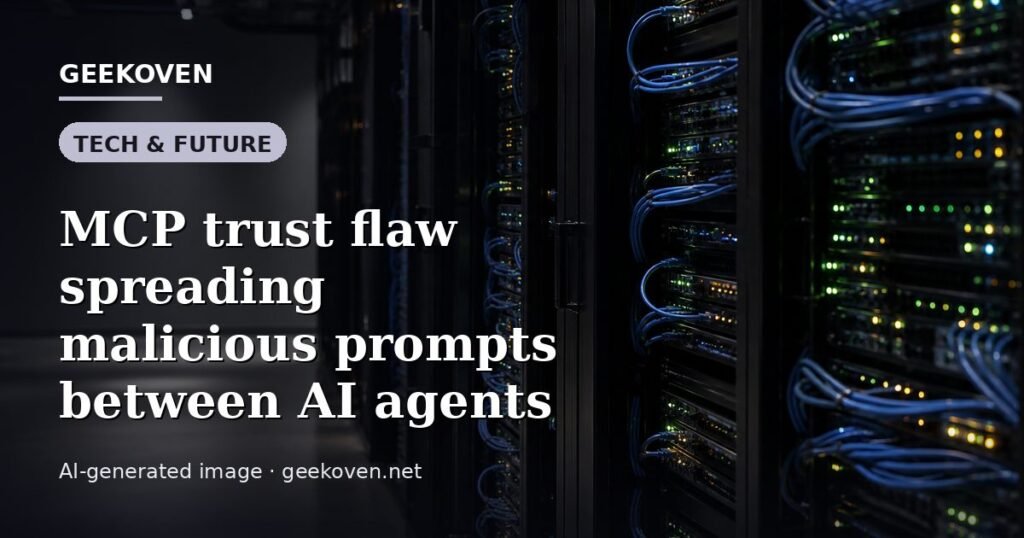 Illustration for the Tech & Future article “MCP trust flaw spreading malicious prompts between AI agents”: an AI-generated editorial illustration showing a scene illustrating the subject of the article, with the headline set over it. Illustrative only, not a photograph of a real event.