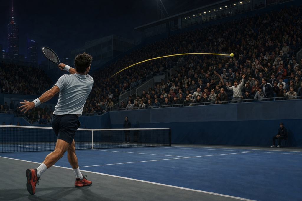 Illustration of a tennis player on a hard court in Beijing with a ball flying toward the front rows of the stands, symbolizing a default incident at the China Open