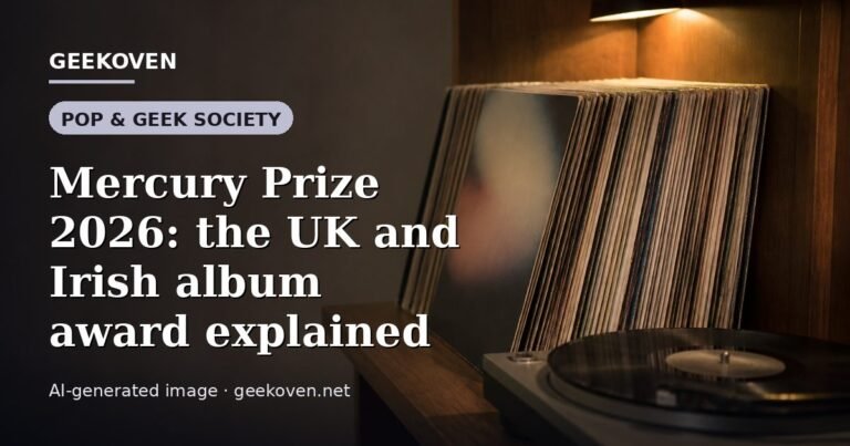 Illustration for the Pop & Geek Society article “Mercury Prize 2026: the UK and Irish album award explained”: an AI-generated editorial illustration showing a scene illustrating the subject of the article, with the headline set over it. Illustrative only, not a photograph of a real event.