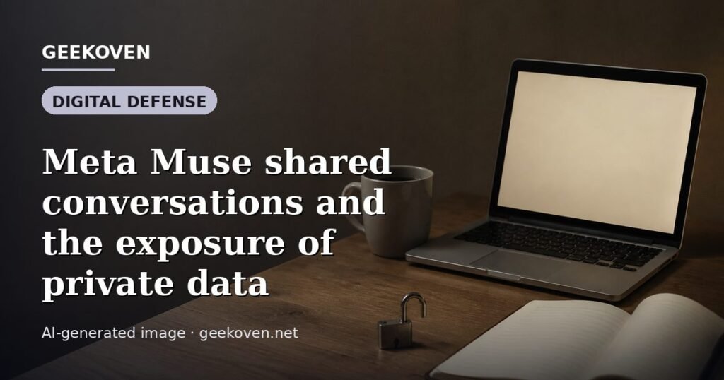 Illustration for the Digital Defense article “Meta Muse shared conversations and the exposure of private data”: an AI-generated editorial illustration showing a scene illustrating the subject of the article, with the headline set over it. Illustrative only, not a photograph of a real event.
