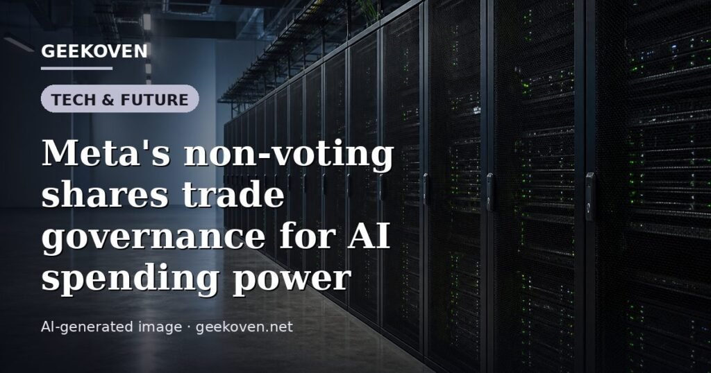 Illustration for the Tech & Future article “Meta's non-voting shares trade governance for AI spending power”: an AI-generated editorial illustration showing a scene illustrating the subject of the article, with the headline set over it. Illustrative only, not a photograph of a real event.