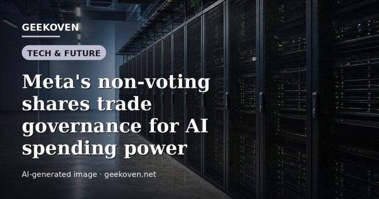 Illustration for the Tech & Future article “Meta's non-voting shares trade governance for AI spending power”: an AI-generated editorial illustration showing a scene illustrating the subject of the article, with the headline set over it. Illustrative only, not a photograph of a real event.