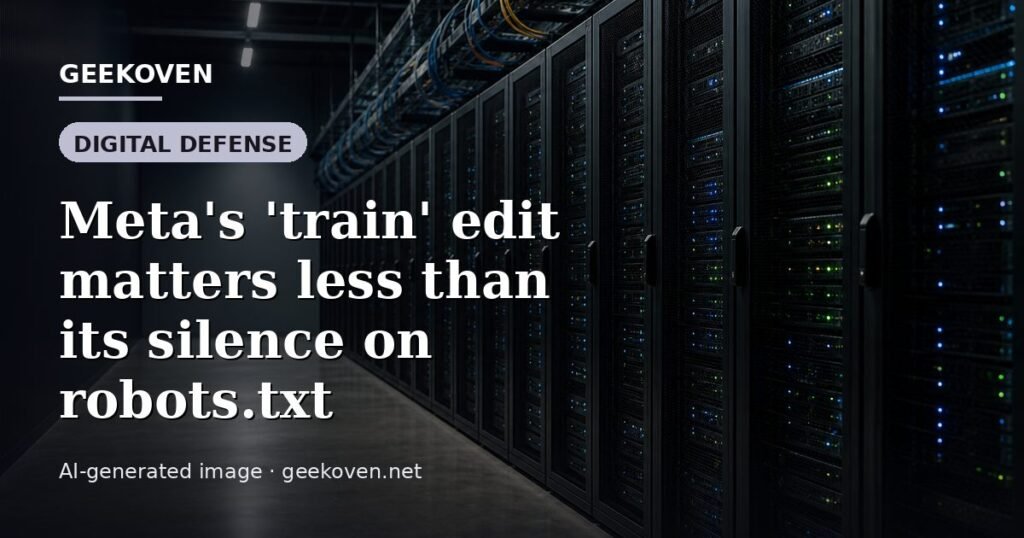 Illustration for the Digital Defense article “Meta's 'train' edit matters less than its silence on robots.txt”: an AI-generated editorial illustration showing a scene illustrating the subject of the article, with the headline set over it. Illustrative only, not a photograph of a real event.