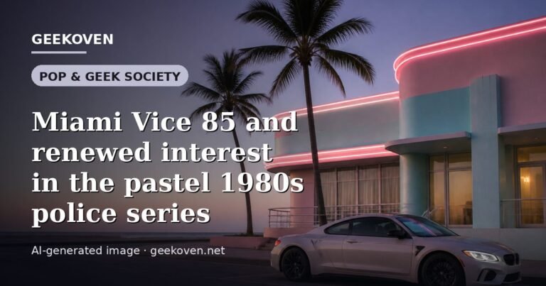 Illustration for the Pop & Geek Society article “Miami Vice 85 and renewed interest in the pastel 1980s police series”: an AI-generated editorial illustration showing a scene illustrating the subject of the article, with the headline set over it. Illustrative only, not a photograph of a real event.