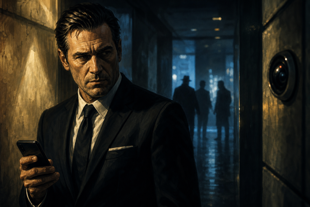 Illustration of a tense crime-drama scene: a fixer in a dark corridor holding a phone, with blurred figures and city lights in the background.