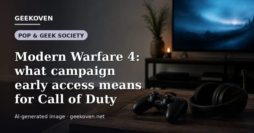 Illustration for the Pop & Geek Society article “Modern Warfare 4: what campaign early access means for Call of Duty”: an AI-generated editorial illustration showing a studio workspace seen from above, with a production timeline across the wall, with the headline set over it. Illustrative only, not a photograph of a real event.